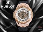 High Quality Replica HUBLOT BIG BANG SANG BLEU II Black Fluororubber Strap White Skeletonized Geometric Face Dial Titanium With Diamond-Set Case Watch 45mm